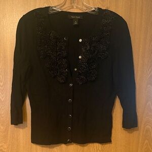 White House Black Market Black Cardigan with Floral Accents